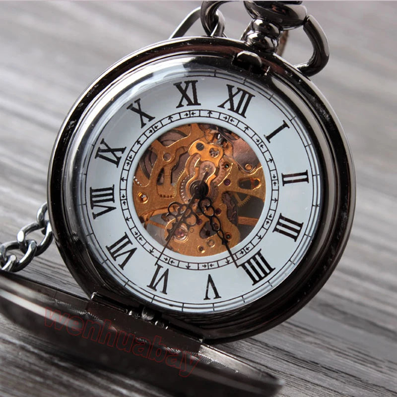 Black Steel Quartz Mechanical Pocket Watch