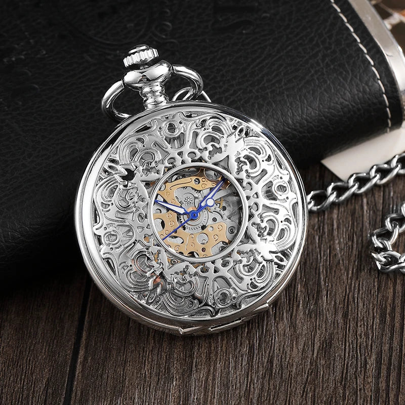 Fashion Silver Engraved Mechanical Pocket Watch