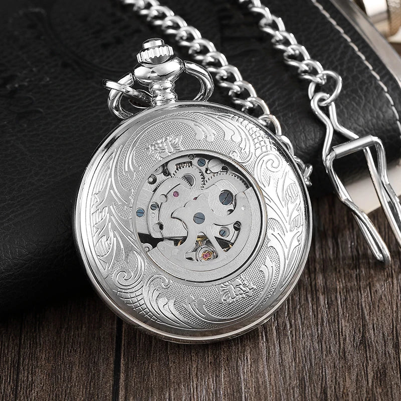 Fashion Silver Engraved Mechanical Pocket Watch