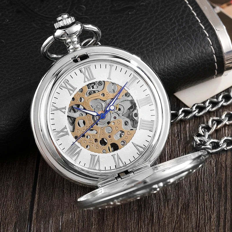 Fashion Silver Engraved Mechanical Pocket Watch
