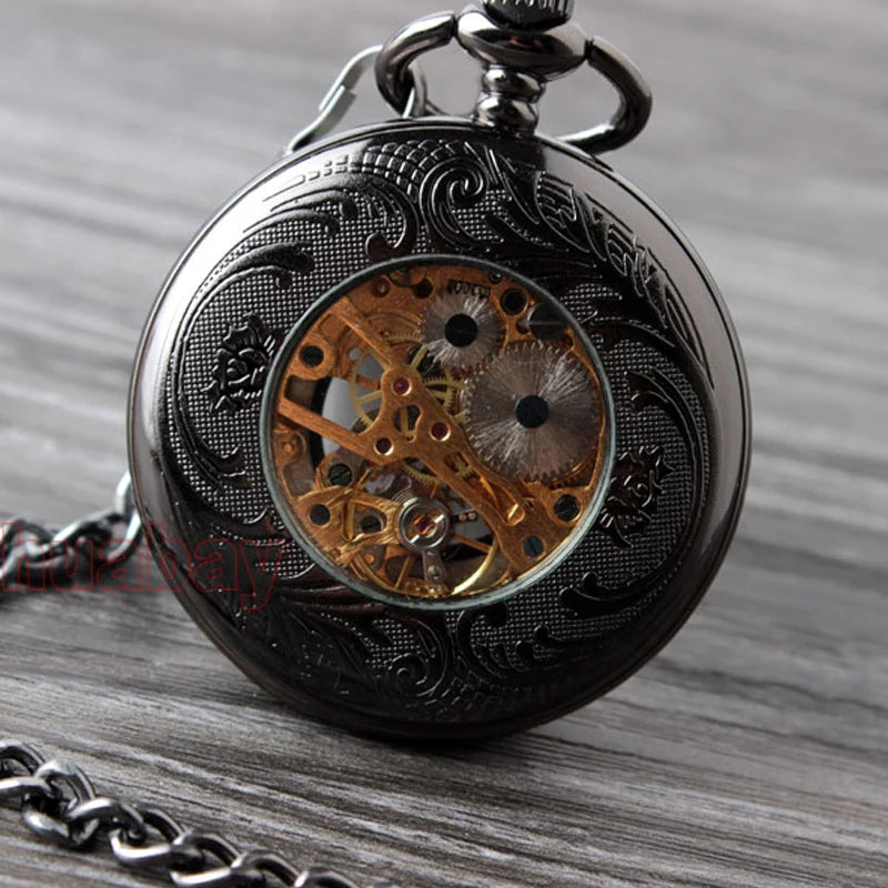 Black Steel Quartz Mechanical Pocket Watch