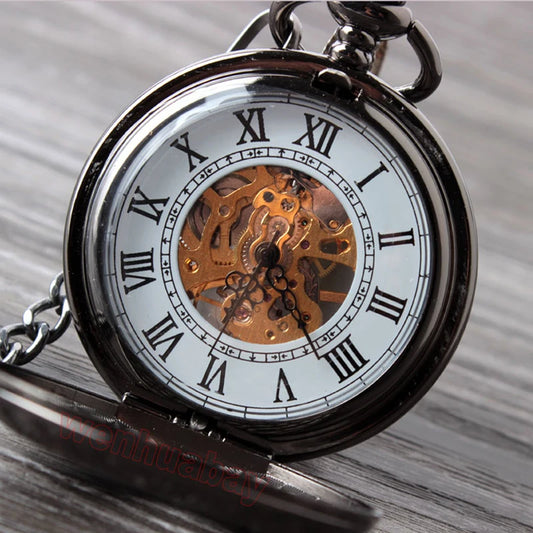 Black Steel Quartz Mechanical Pocket Watch