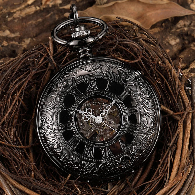 Black Steel Quartz Mechanical Pocket Watch