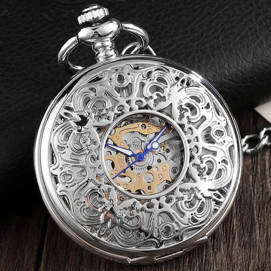 Fashion Silver Engraved Mechanical Pocket Watch