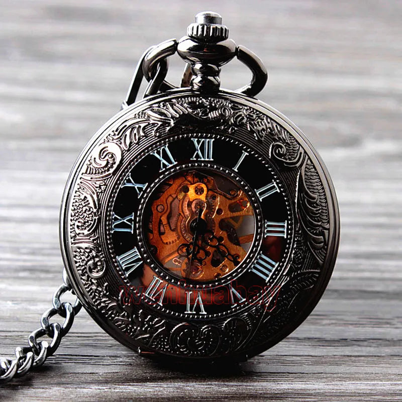 Black Steel Quartz Mechanical Pocket Watch